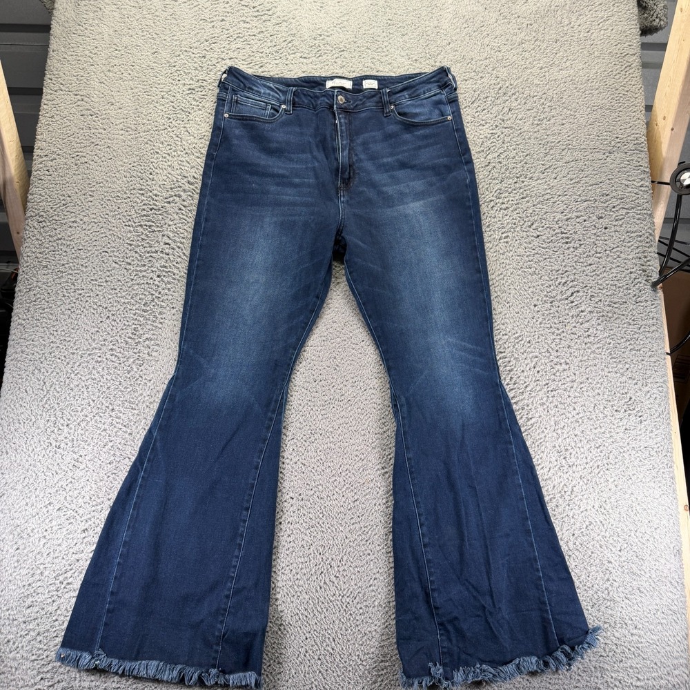 KanCan Jeans Women 34x34 Blue Cotton Denim Flared Faded Workwear Hi-Rise Stretch
